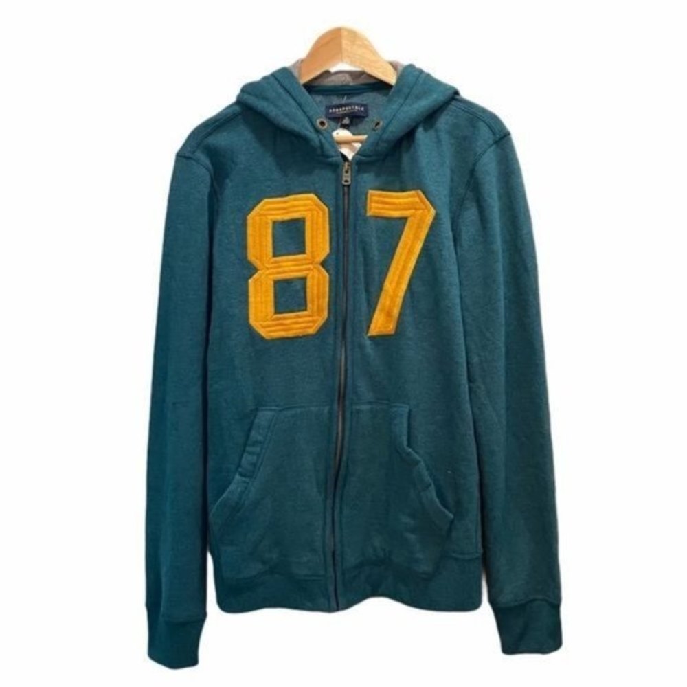 AEROPOSTALE Sz L Men’s Teal Green 87 Full Zip Hoodie Sweatshirt Sweater